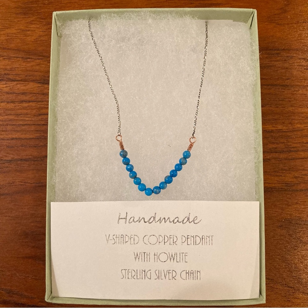 Handmade necklace. 18” Sterling Silver & Blue Howlite “V” necklace with copper.
